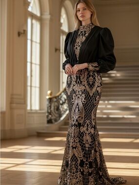 FAERIESTY 3XL Black and Gold Sequin Evening Gown with Puff Sleeves